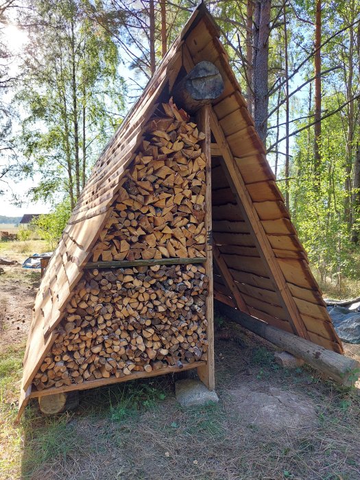 Vedförvaring inbyggd på baksidan av ett trekantigt vindskydd i en skogsmiljö.