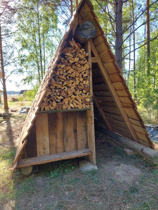 Vedförvaring i ett hemmabyggt vindskydd av trä fyllt med staplad ved.