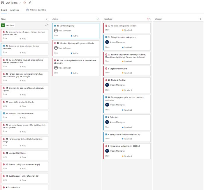 Skärmdump av en virtuell Kanban-tavla i Azure DevOps med kolumner för 'New', 'Active' och 'Resolved' arbetsuppgifter.