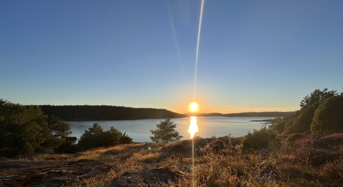 Solnedgång över skärgårdslandskap med reflektioner i vatten och silhuetter av träd.