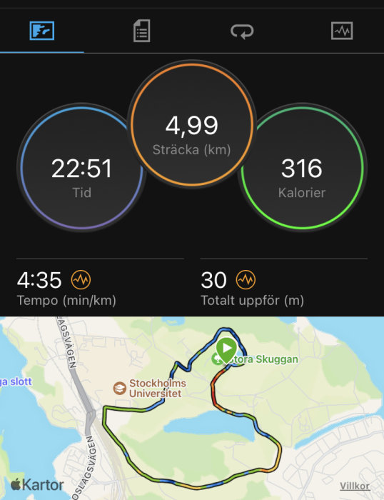 Skärmklipp av träningsapp med karta över löprunda nära Stockholms Universitet och statistik för tid, sträcka och kalorier.