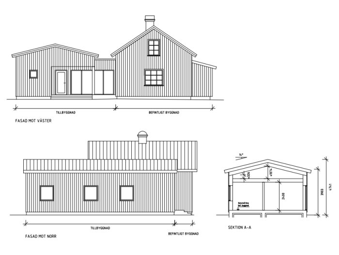 Arkitektritningar av en byggnad visande fasad mot väster, fasad mot norr och en sektion genom byggnaden.