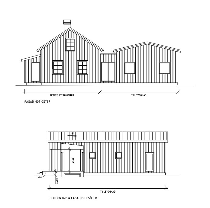 Arkitektoniska ritningar av en byggnads östra fasad och sektion B-B mot söder.