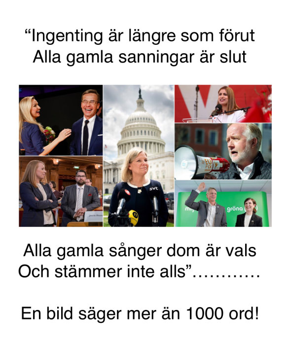 Collage av olika politiker och byggnader med text som diskuterar förändring.