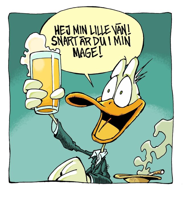 Tecknad figur skålar med ölglas, pratbubbla: "Hej min lilla vän! Snart är du i min mage!