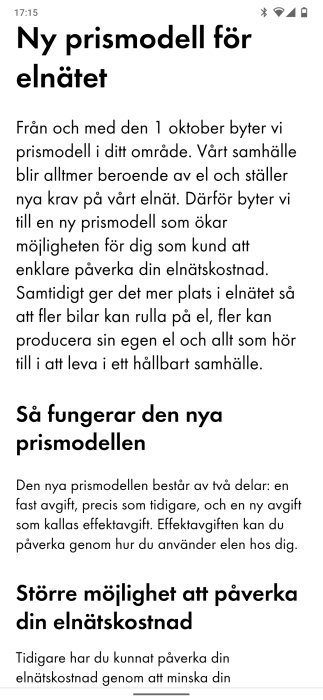 Skärmbild av en artikel om ny prismodell för elnätet som beskriver effektavgifter och fast avgift.