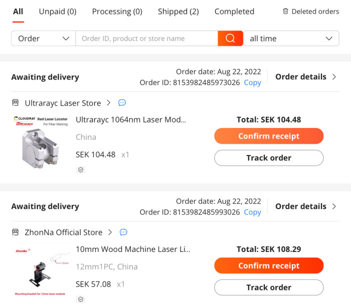 Skärmdump av två onlinebeställningar med lasermoduler som väntar på leverans, prissatta i SEK.
