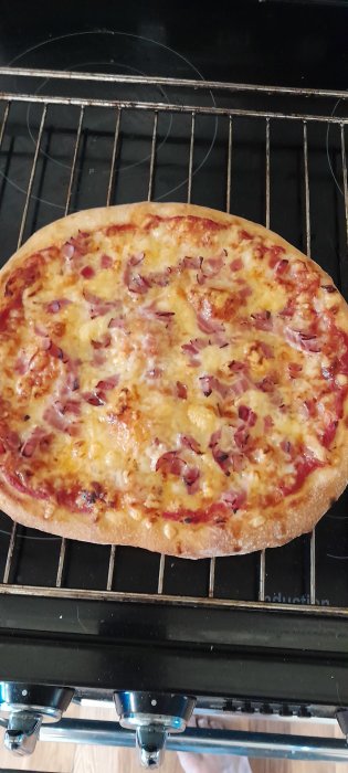 Nygräddad pizza med skinka och ost på ugnsgaller.
