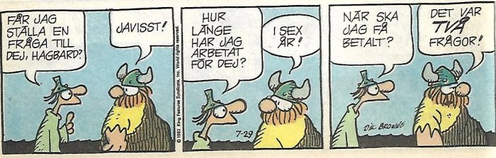 Seriebild med två vikingliknande figurer i dialog med pratbubblor, en frågar, den andre svarar, humoristisk.