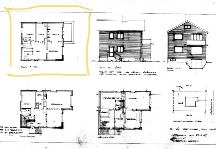 Arkitektritningar av en enfamiljsvilla, innefattande planlösningar och fasadskisser från olika vinklar.