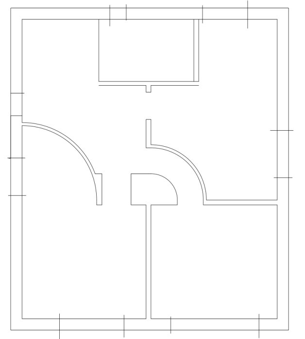 Ritning av en våningsplan med svängda korridorer och kvartscirkelformat rum, avsedd för diskussion om byggdesign.