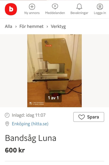 Begagnad Inca bandsåg i arbetsrum, modell Luna, till salu för 600 kr.