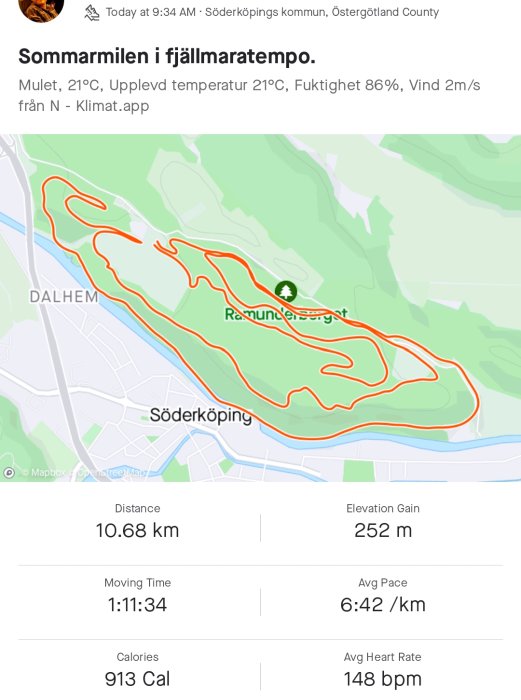 Kartskärmdump som visar löprunda i Söderköping med distans, tid och statistik.