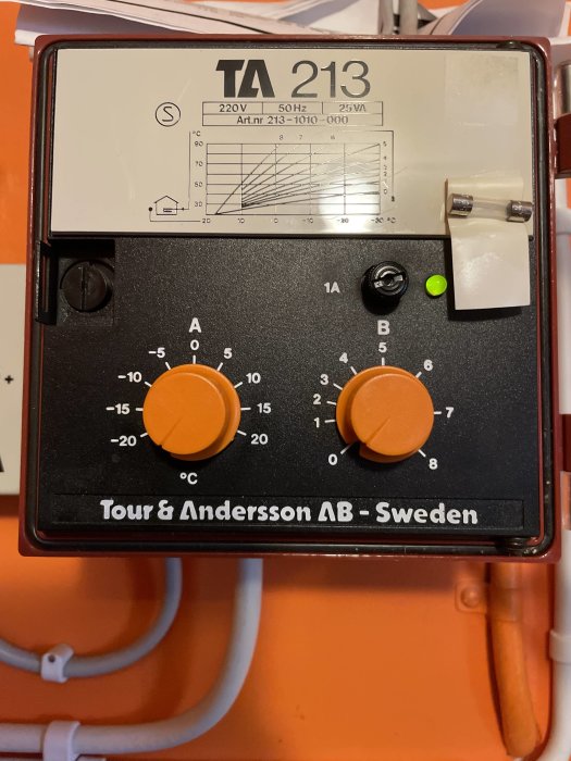 Regulatorpanel för värme med två vridreglage, modell TA 213, monterad på en orange vägg.