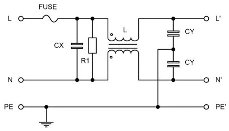 Schema för EMI-filter med kondensatorer i en strömförsörjningskrets.