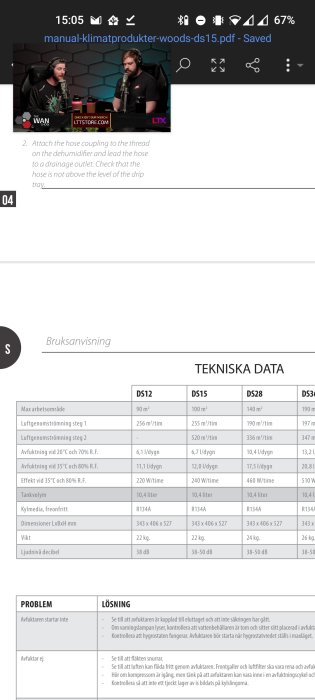 Skärmdump av tekniska data för Woods DS15 avfuktare med effektförbrukning på 240W/timme.