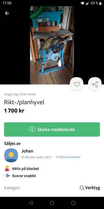 Begagnad blå rikt-/planhyvel placerad i ett verkstadsutrymme, till salu för 1700 kr.