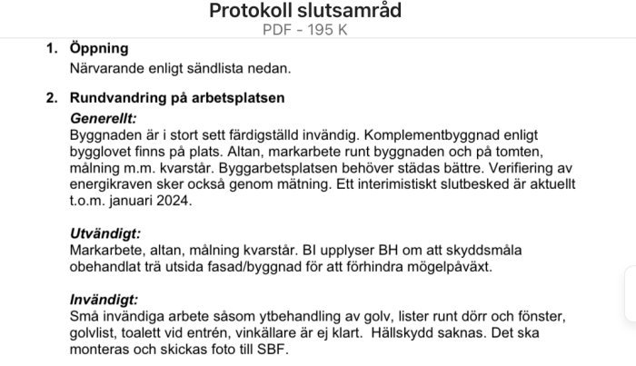 Skärmdump av ett protokoll från ett slutsamråd med punktlistor om byggprojektets status och åtgärdspunkter.