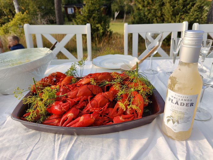 Tray of red crayfish adorned with dill on outdoor table for a traditional Swedish crayfish party.