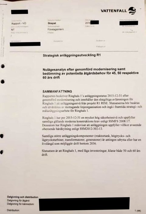 Dokument om modernisering av Ringhals 1 kärnkraftverk, strategi för drift till 2036.