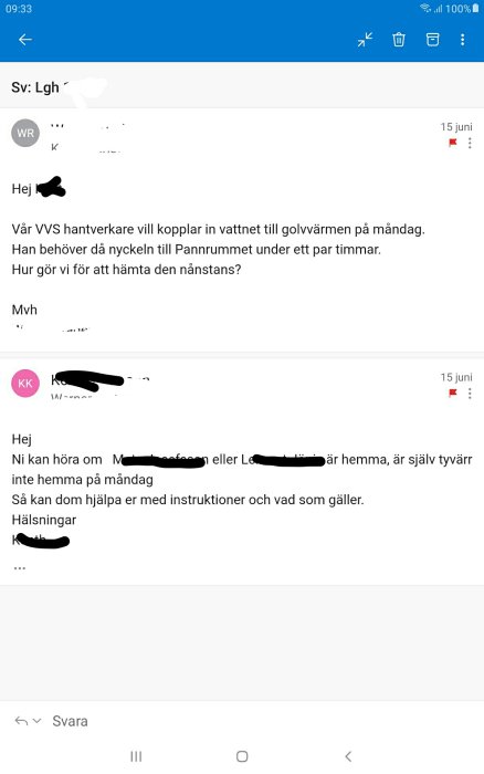 Skärmdump av diskussionstråd om VVS-arbete med författade svar och frågor.