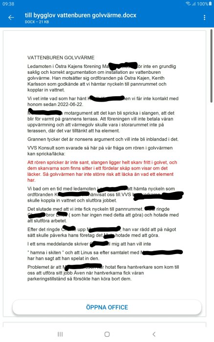 Skärmdump av en text från ett diskussionsforum om installation av vattenburen golvvärme.