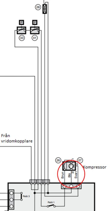 Schematisk ritning av elinstallationen för en kompressor, med fokus på kompressorns anslutningar.