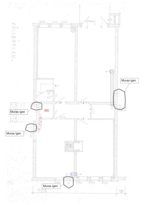 Skiss av husplan med markeringar för bygganmälan av FTX-system, inklusive väggar och WC.