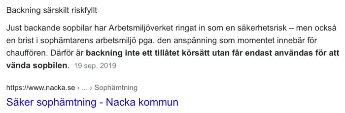 Skärmbild av webbsida med text om risker med backning för sopbilschaufförer och arbetsmiljö.