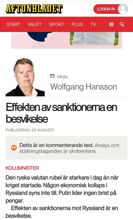 Skärmdump av en artikel på Aftonbladet med rubriken "Effekten av sanktionerna en besvikelse