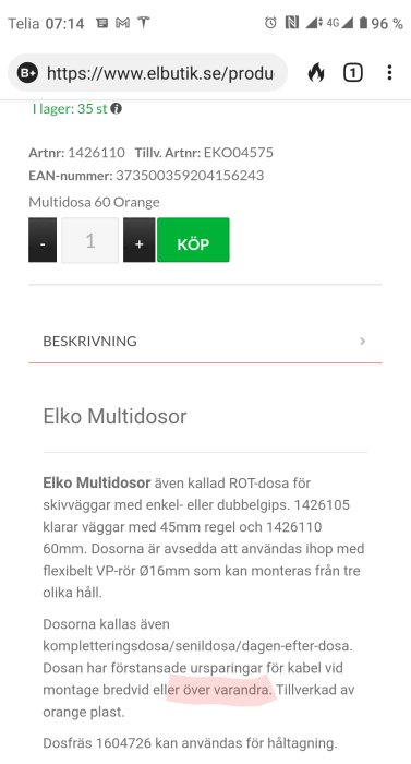 Skärmdump från en webbutik som visar en produktbeskrivning av Elko Multidosa för elinstallationer.