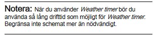 Skärmdump av en notering om att använda Weather timer optimalt för robotklippare, rekommenderar lång drifttid.