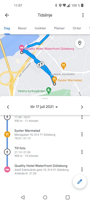 Skärmdump av en tidslinje i en kartapp med rutter i Göteborg den 17 juli 2021.