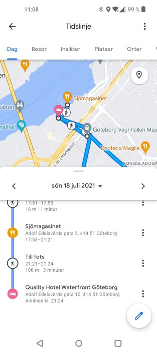 Skärmdump av en tidslinje med besöksplatser och rutter i Göteborg från en mappingstjänst.