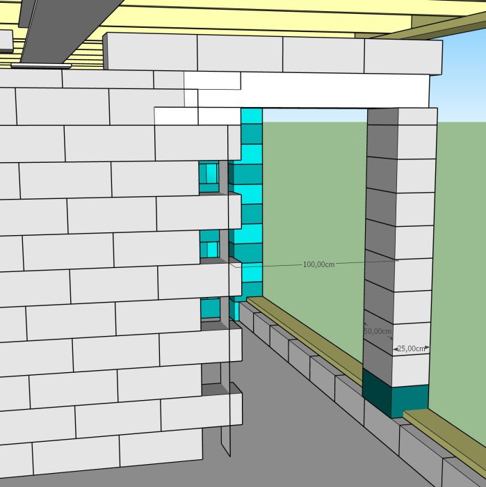 3D-modell av en byggnads hörnparti med mätningsetiketter.