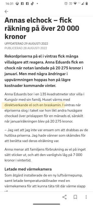 Artikel på skärm om höga elpriser med en hushålls elräkning på 20 275 kr under vintermånad.