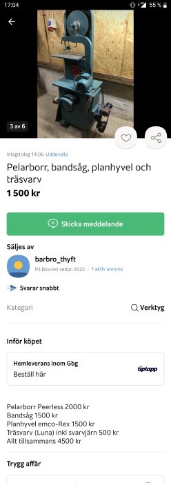 Blå bandsåg placerad i ett verkstadsutrymme som annonseras till försäljning.