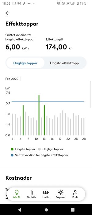 Skärmavbild av elanvändningsdiagram som visar dagliga effekttoppar i kW och högsta effekttoppar för februari 2022.