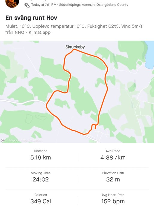 Kartskärmdump av löprunda i Skrukeby med distans, tid, tempo och annan statistik.