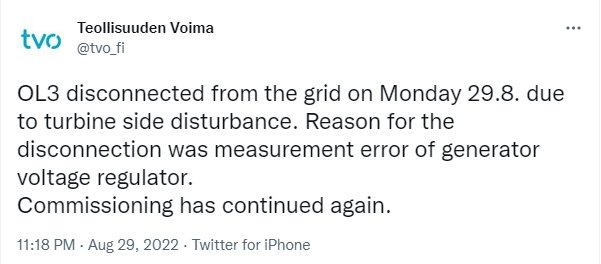 Skärmdump av ett Twitter-inlägg från Teollisuuden Voima som förklarar avbrott på grund av ett mätfel i en generatorspänningsregulator.