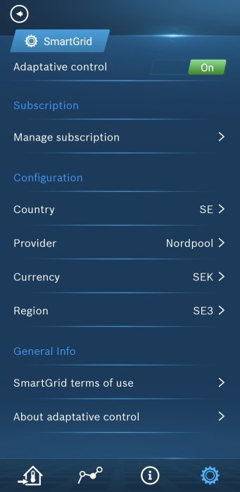 Skärmdump av IVT Anywhere-app med SmartGrid-menyn visande adaptiv styrning aktiverat, land som Sverige och valuta som SEK.