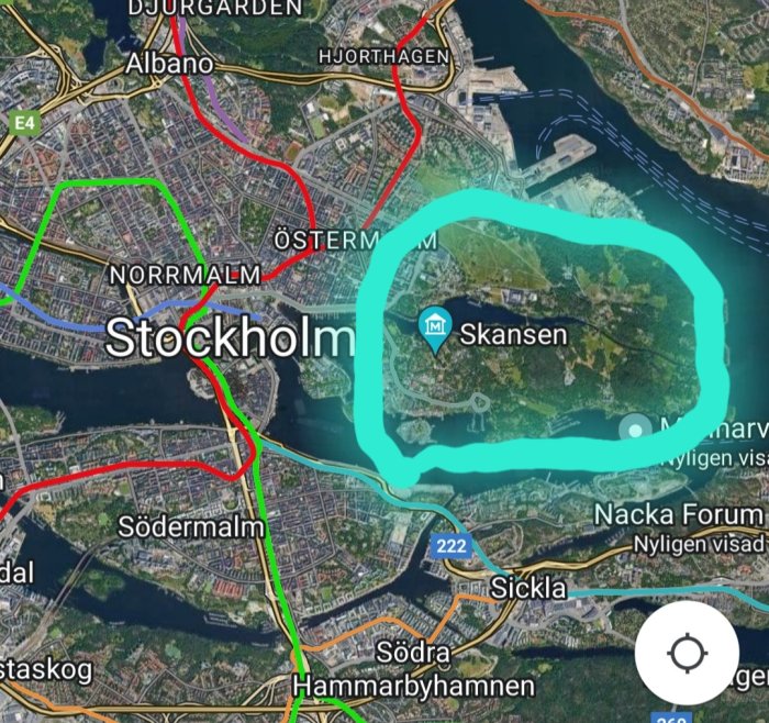 Satellitbild över Stockholm med markerat område kring Djurgården, föreslaget för ny bebyggelse.