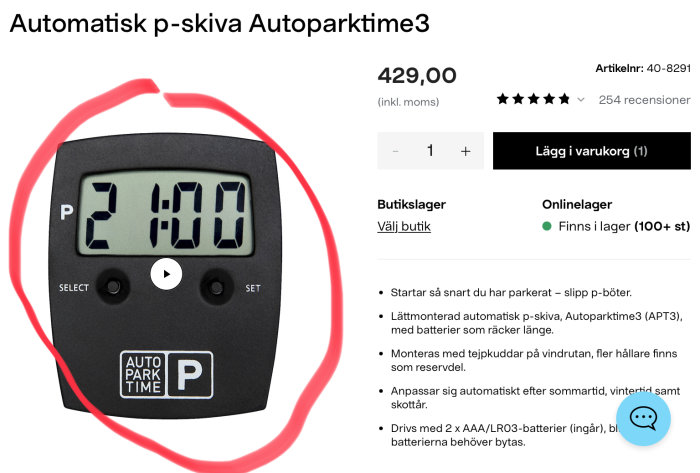 Automatisk parkeringsskiva Autoparktime3 visar tiden 14:00 på en digital display.