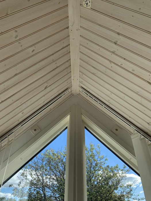 Innertaket i ett uterum med synliga träbjälkar och fönsterpartier som visar en blå himmel och trädtoppar.