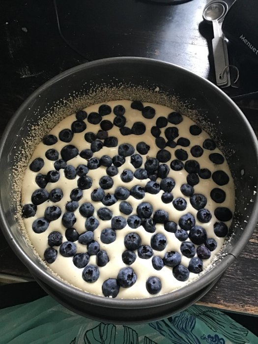Okavlad blåbärskaka i form redo för gräddning, strösslad med färska blåbär ovanpå.