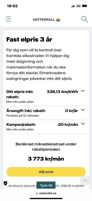 Skärmdump från Vattenfalls hemsida som visar ett erbjudande om fast elpris i 3 år med pris och rabattinformation.