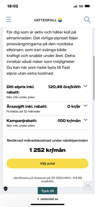 Skärmdump från Vattenfall hemsida som visar elpriser, rabatter och beräknad månadskostnad.