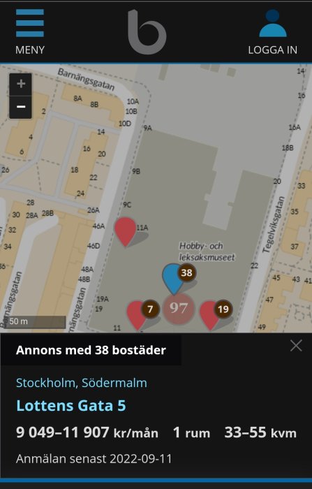 Karta över Södermalm med markörer för annonserade bostäder och information om hyra för etta.