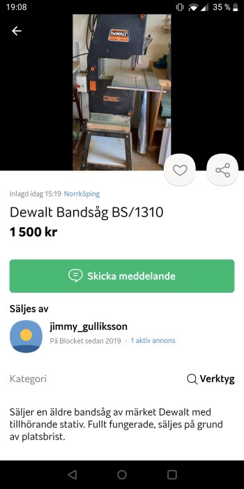 Dewalt bandsåg BS/1310 på stativ, begagnad i arbetsmiljö, till salu.