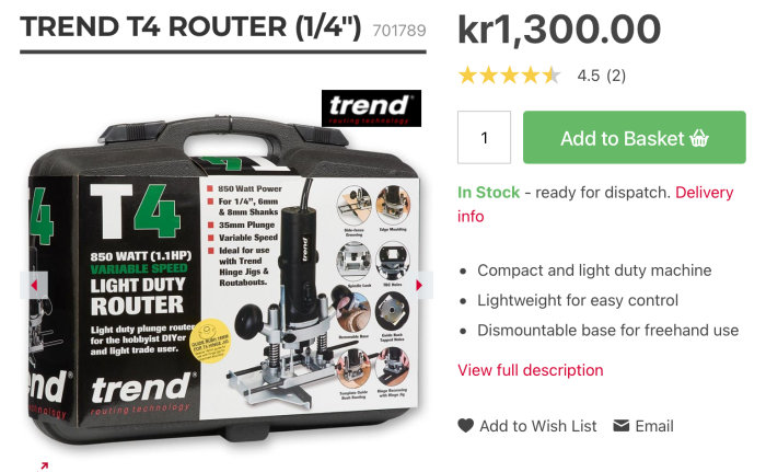 Bild på Trend T4 router med tillbehör och förpackning som beskriver produktens egenskaper och priset 1300 kr.